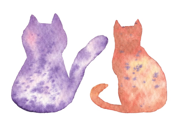 Handgezeichnetes Aquarell verschiedene Katzen Rückansicht