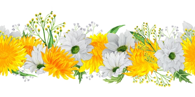 Handgezeichnetes, aquarellfarbenes, nahtloses Banner mit weißen und gelben Chrysanthemenblumen und -blättern