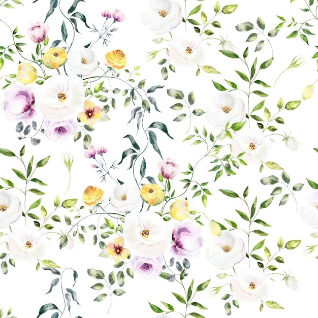 Handgezeichnetes, aquarellfarbenes, nahtloses Muster aus Blumen und Blättern
