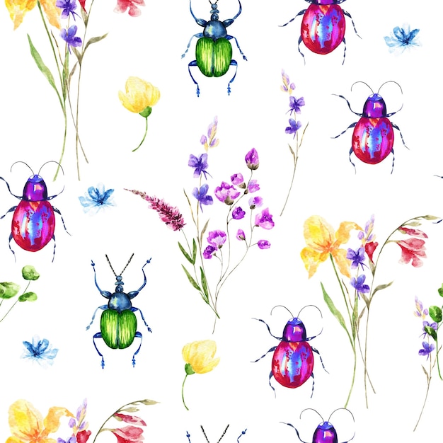 Handgezeichnetes, aquarellfarbenes, nahtloses Muster aus hellen, farbenfrohen, realistischen Käfern und Blumen Mixed-Media-Kunst