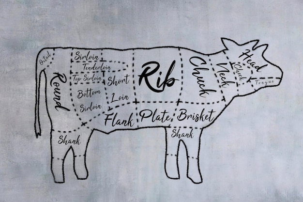 Handgezeichnetes Bild von Metzger-Rindfleisch-Schnittdiagrammen auf der Tafel