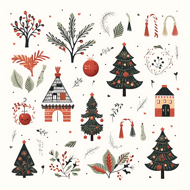 Handgezeichnetes Ikonensatz mit Weihnachtsdekorationen im Doodle-Stil Elfenhut-Kekse Geschenke-Kollektionssatz