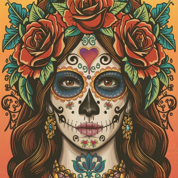 Handgezeichnetes Mädchen Calavera-Make-up mit Blumen in ihrem welligen langen Haar, das einen Zuckerkopf hält