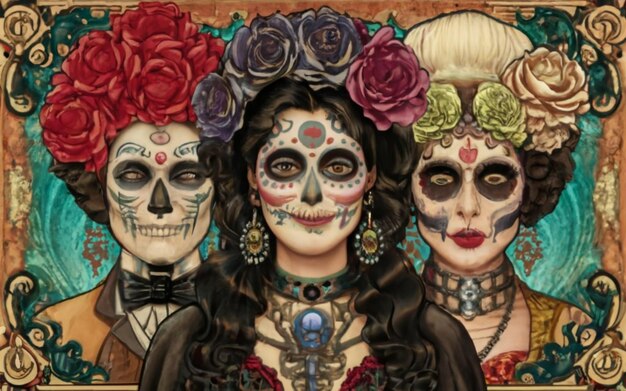 Handgezeichnetes Mädchen Calavera-Make-up mit Blumen in ihrem welligen langen Haar, das einen Zuckerkopf hält