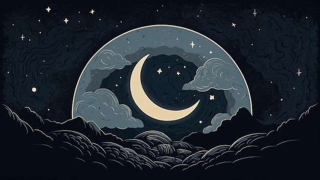 Handgezeichnetes nahtloses Muster mit Wolken, Mondsternen, Vektor, Sternen, Mondlicht, Nachthintergrund