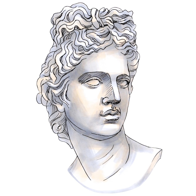 Handgezeichnetes Porträt von Apollo Belvedere Skizzenmarkierungen Kunst der antiken Skulptur