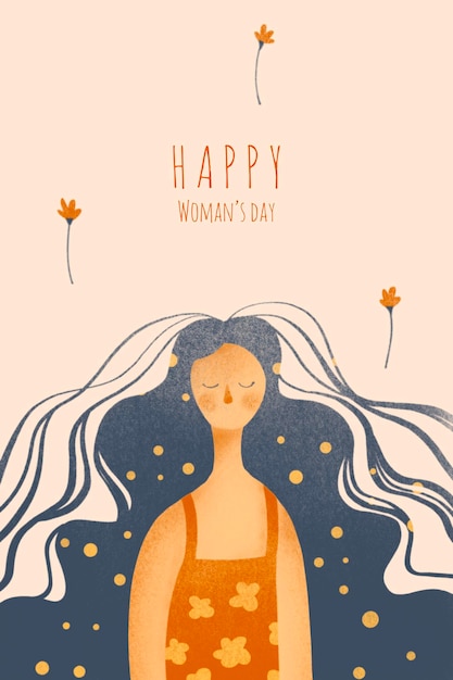Handgezeichnetes Postkartenillustrationsmädchen mit langen Haaren, geschmückt mit Blumen Happy Womens Day Spring