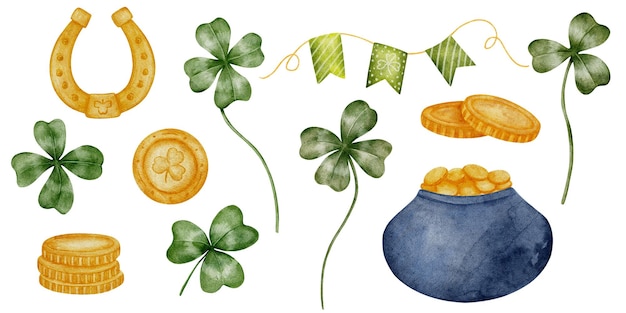 Handgezeichnetes St. Patrick-Element-Set Aquarell-Stil Grüne und goldene Palette Kleeblatt Geld Hufeisen