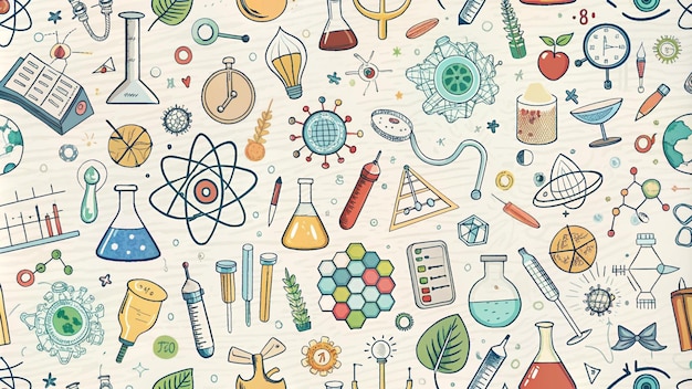Handgezeichnetes wissenschaftliches Muster mit Laborgeräten, Atomen und mehr
