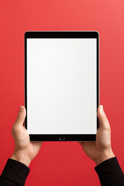 Handhaltbare Tablette mit einem leeren Bildschirm-Mockup auf rotem Hintergrund