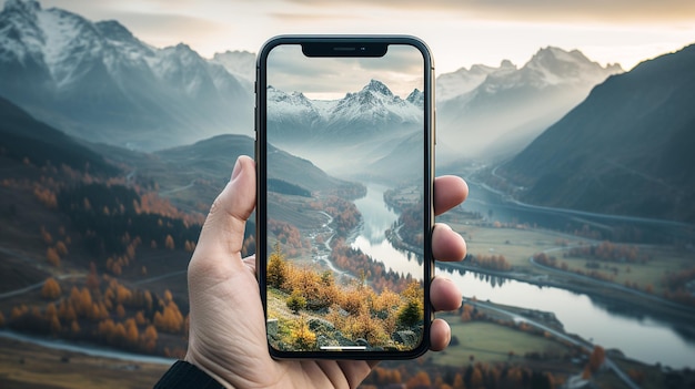 Handhaltendes Smartphone fängt die Schönheit der Berge ein