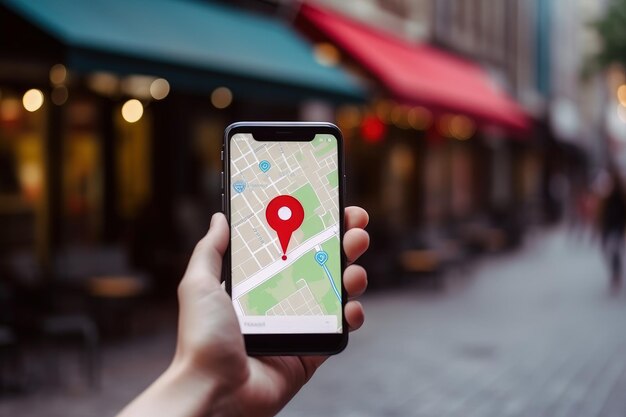 Handhaltendes Smartphone mit GPS-Navigations-App und Standort-Pin-Symbol auf verschwommener Einkaufsstraßen-KI