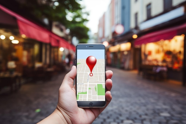 Foto handhaltendes smartphone mit gps-navigations-app und standort-pin-symbol auf verschwommener einkaufsstraßen-ki