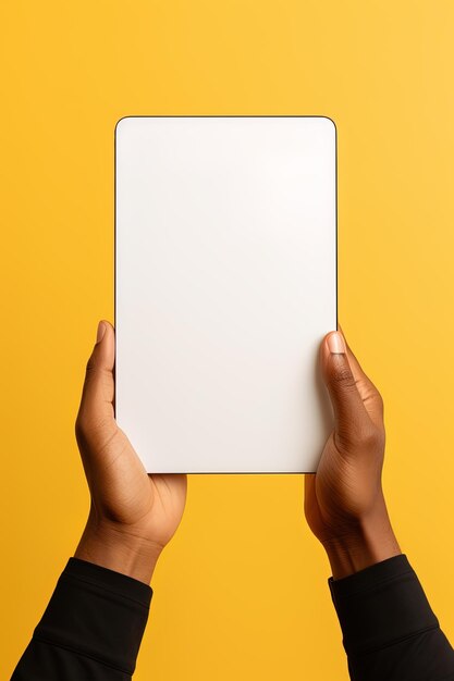 Handhaltendes Tablet mit leerem Mockup-Bildschirm isoliert auf gelbem Hintergrund mit Kopierraum