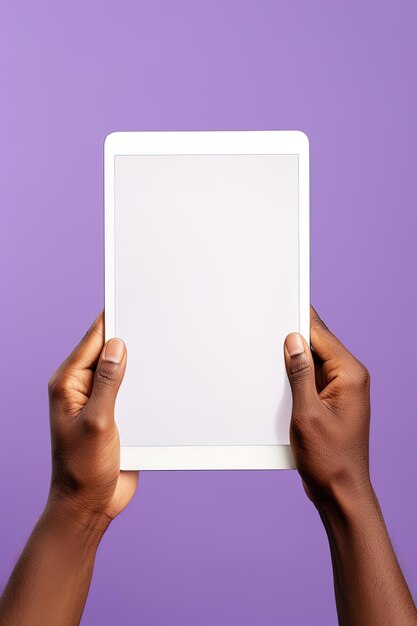 Handhaltendes Tablet mit leerem Mockup-Bildschirm isoliert auf violettem Hintergrund
