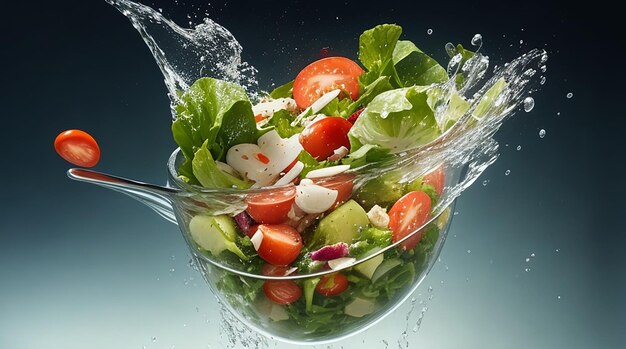 Handhend ensalada fresca cayendo en el agua