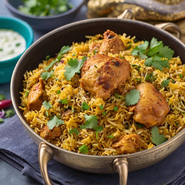 Handi Biryani de frango saboroso com guarnição de coentro fresco