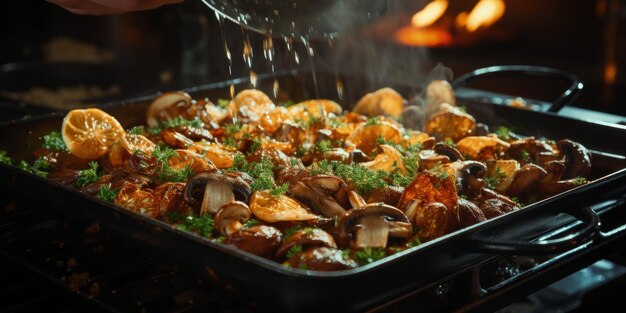 Foto handkochen von pilzen auf einem topf