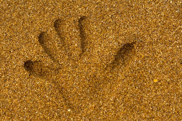 Handprint na areia à beira-mar.