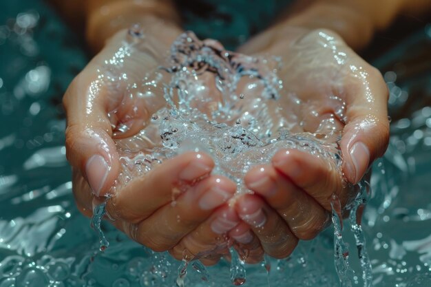 Foto hands hydration and water with person washing closeup for hygiene sustainability or wellness