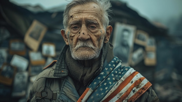 Foto hands of a veteran holding an american flag background