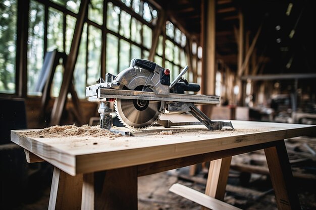 Handsäge an einem Holztisch in einer Tischlerwerkstatt