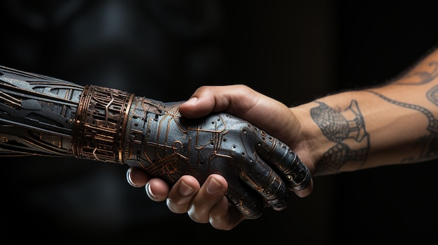 Handschlag eines modernen Roboters mit einem Menschen in Nahaufnahme