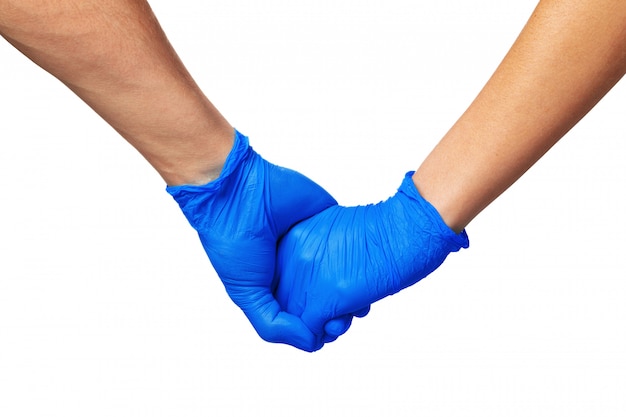 Handschlag in blauen Handschuhen, Hilfekonzept.