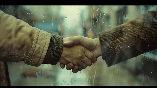 Handschlag in Nahaufnahme vor regnerischem Hintergrund von Fenstern Symbol der Partnerschaft einfacher filmischer Stil, der einen Moment der Einigung erfasst KI