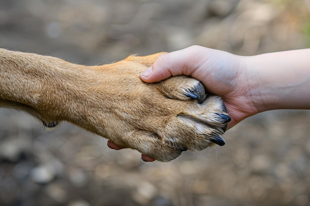 Foto handschlag zwischen menschlicher hand und hundepfote