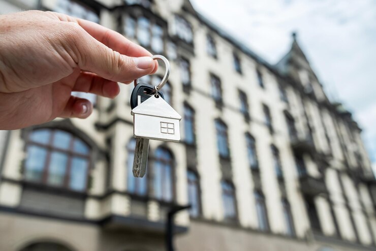 Foto handschlüssel von haus zu haus gegen neues gebäude konzept des beginns eines neuen geschäfts