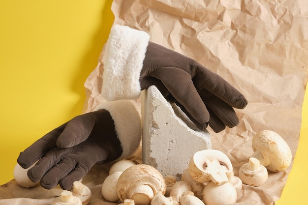 Handschuhe und Champignons auf gelbem Hintergrund, veganes Lederkonzept, Leder aus Pflanzen und Pilzen als Ersatz für tierisches Leder