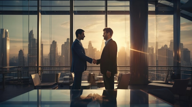 Handshake Success Profissionais de Negócios Selam o Acordo com Building Backdrop