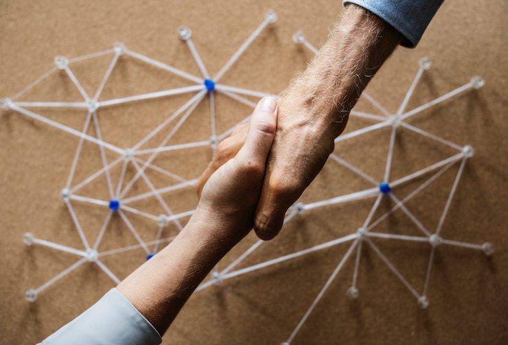 Foto handshake-verbindung über netzwerksimulation