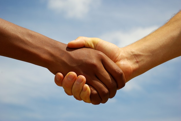 Handshaking de mãos e céu cinzento