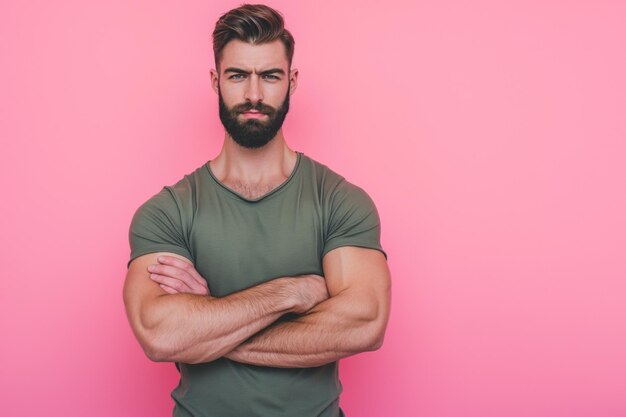 Foto handsome caucasian muscled bearded bodybuilder man posing against pink background with copy space