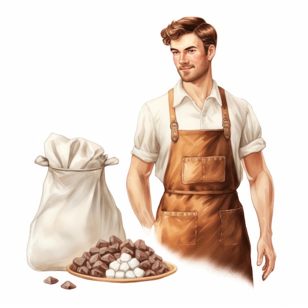 Foto handsome male chocolatier em ilustração retrô com chocolate e avental