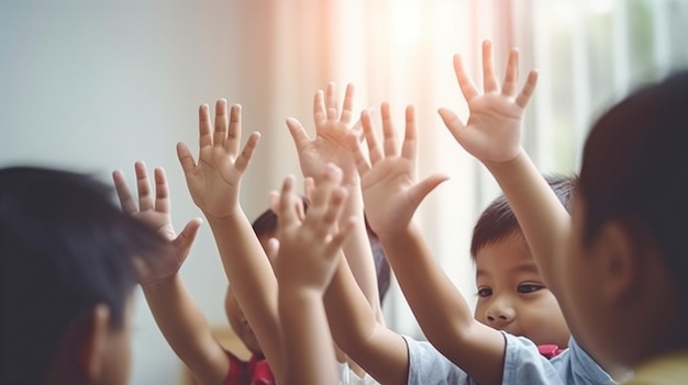 Handsup oder Kinder im Klassenzimmer lernen Tests oder lernen mit Vorschulbüchern Generative KI