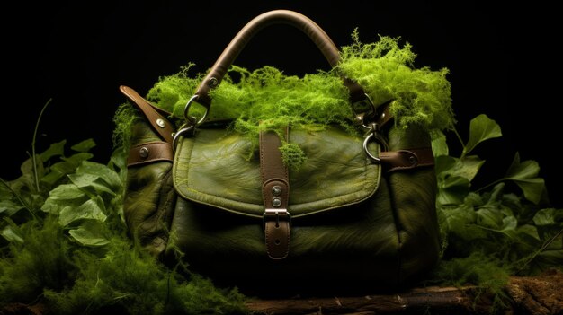 Handtasche, die mit grünem Moos und Gras bedeckt ist, die Natur gewinnt Ökologie