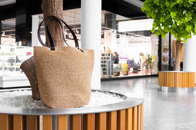 Handtasche in der Mall Keine Plastiktüte und Ökologie-Konzept Greenfreandly Shopping Handgemachte Tasche Jute-Tasche in der Mall-Lobby in der Nähe von BäumenBlank Beige Tote Bag Mock-up Design