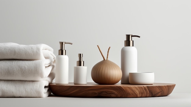 Foto handtücher mit shampoo-conditioner-duschmilch und handgemachter seife auf neutralem hintergrund spa-konzept
