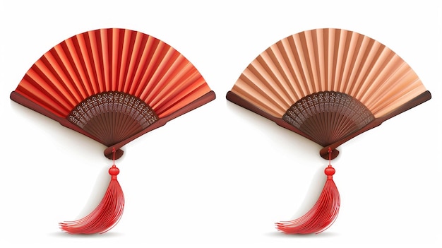 Handventilator mit orientalischem Holzgriff, asiatisch oder spanisch klappbares Souvenir mit Zopf, modernes Set offener und geschlossener roter japanischer Ventilatoren