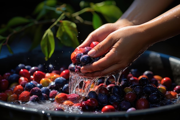 Handwäsche von Bio-Frucht und -Gemüse Wasser-Spritz-Professionelle Werbung Lebensmittelfotografie