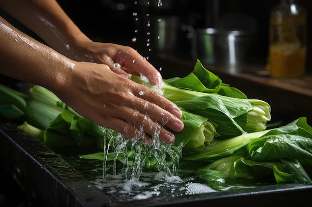 Handwäsche von Bio-Frucht und -Gemüse Wasser-Spritz-Professionelle Werbung Lebensmittelfotografie