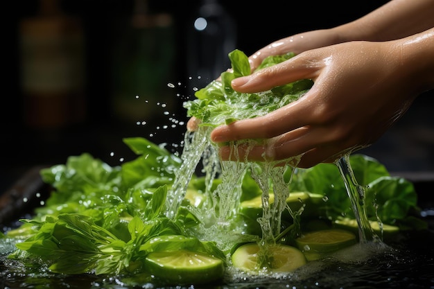 Handwäsche von Bio-Frucht und -Gemüse Wasser-Spritz-Professionelle Werbung Lebensmittelfotografie