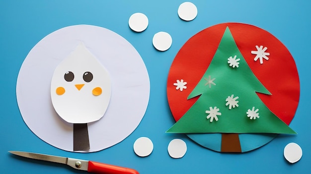 Foto handwerk für kinder winterdekoration aus papier und baumwollscheibe handgemacht leichtes papierhandwerk für kinder diy-konzept