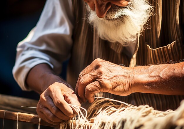 Foto handwerker, der an einem manuellen webstuhl arbeitet traditionelles handwerk handgefertigte ki generiert