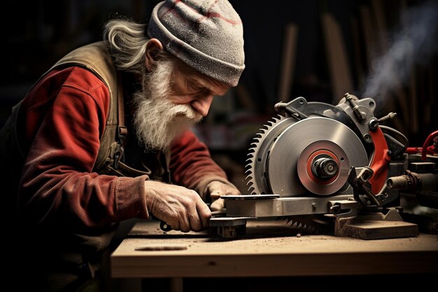 Foto handwerker, der holzstück schafft