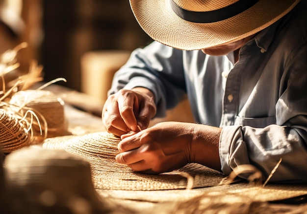 Handwerker, der Strohhüte herstellt. Handgemacht, traditionelles Kunsthandwerk, KI-generiert