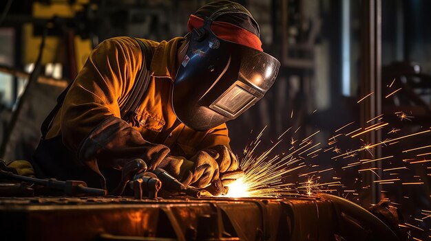 Handwerker, die in ihrer Werkstatt schweißen, während Funken um die generative KI fliegen